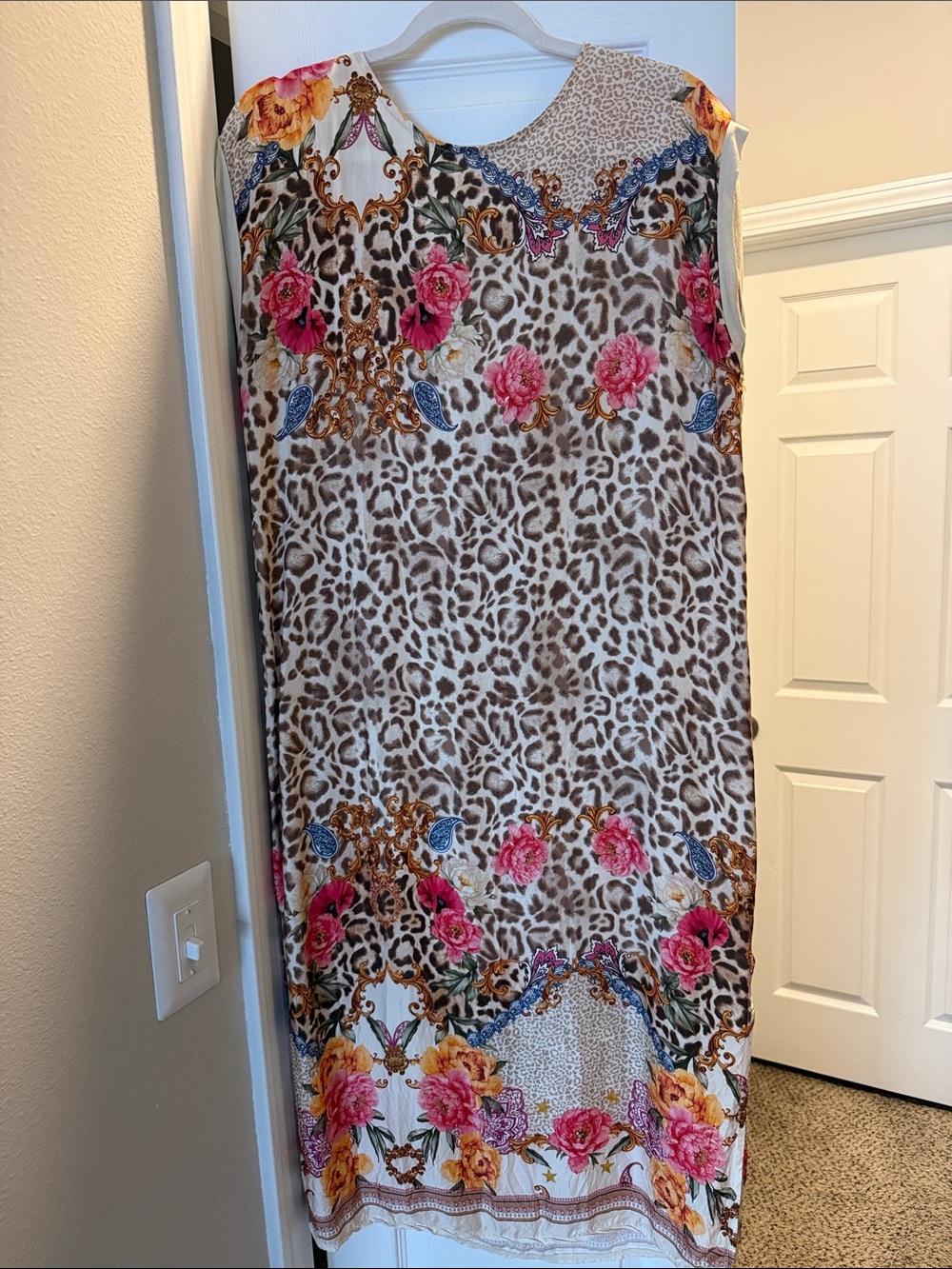 Sleeveless Midi Dress with Pink Floral & Brown Leopard Print